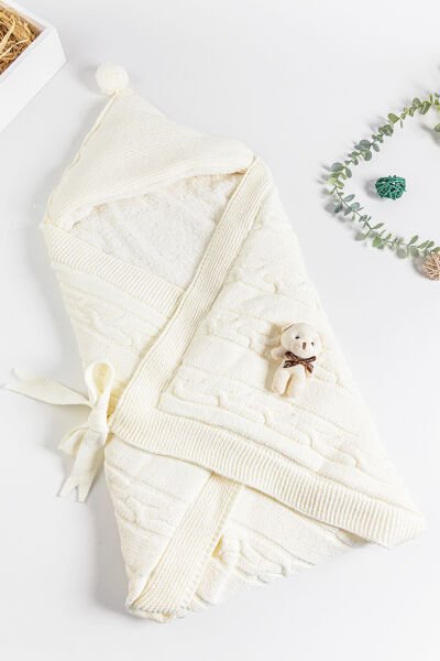 Ayıcık Figürlü Peluş Welsoft Kundak Bebek Battaniye KREM -  Tek Ebat