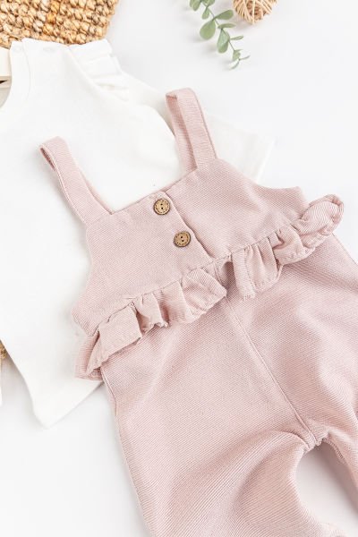 Fırfırlı Düğmeli Kız Bebek Tulum Salopet Body Takım PUDRA - 18-24 AY