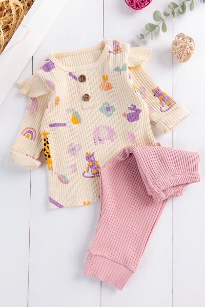 Fırfırlı Figürlü 2'li Kız Bebek Takım Alt Üst Bebek Pijama Takımı Gül kurusu -  0-3 AY