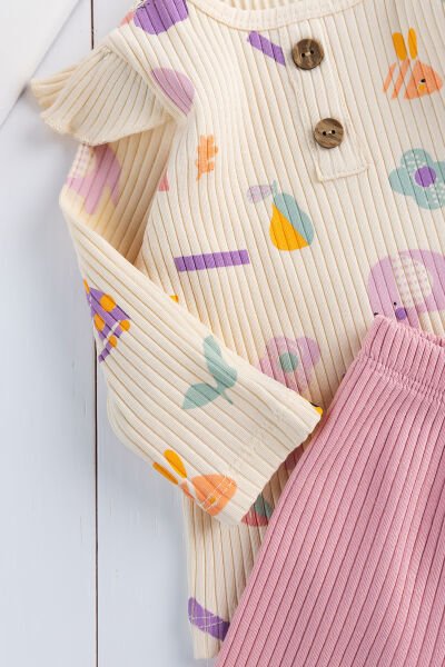 Fırfırlı Figürlü 2'li Kız Bebek Takım Alt Üst Bebek Pijama Takımı Gül kurusu -  0-3 AY