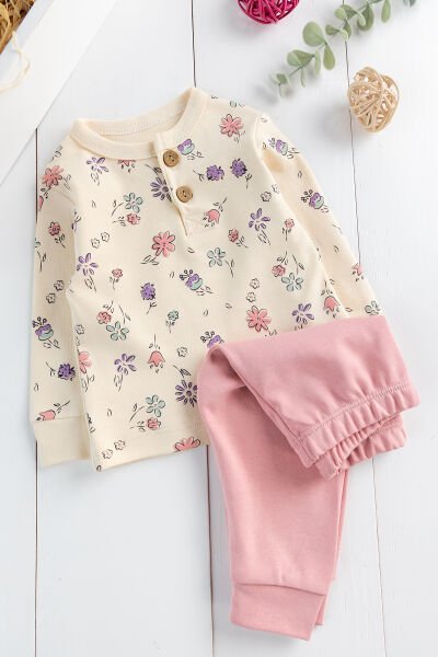Çiçek Desenli Kız Bebek Pijama Takımı 2'li Bebek Takım Gül kurusu -  0-3 AY