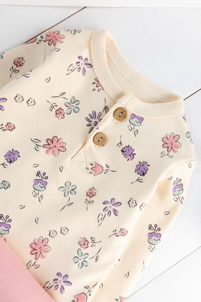 Çiçek Desenli Kız Bebek Pijama Takımı 2'li Bebek Takım Gül kurusu - 3-6 AY