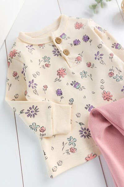 Çiçek Desenli Kız Bebek Pijama Takımı 2'li Bebek Takım Gül kurusu - 3-6 AY