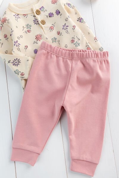 Çiçek Desenli Kız Bebek Pijama Takımı 2'li Bebek Takım Gül kurusu - 3-6 AY