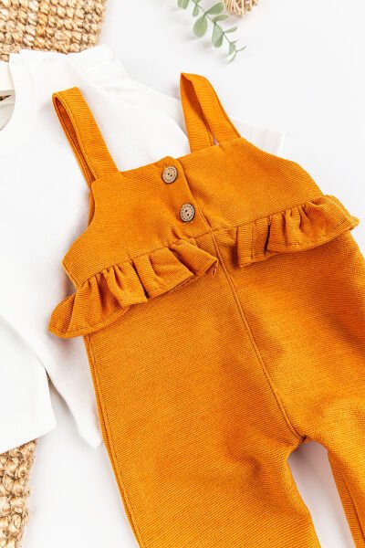 Fırfırlı Düğmeli Kız Bebek Tulum Salopet Body Takım Hardal Sarısı - 18-24 AY