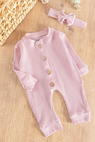 Önden Düğmeli Bandanalı Kız Bebek Tulum