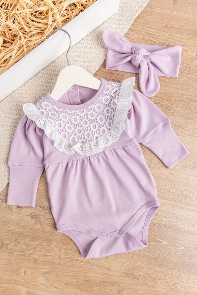 Güpürlü Bandanalı Kız Bebek Tulum Bebek Çıt Çıtlı Body LİLA - 3 Ay