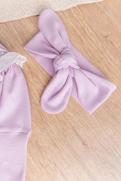 Güpürlü Bandanalı Kız Bebek Tulum Bebek Çıt Çıtlı Body LİLA - 3 Ay