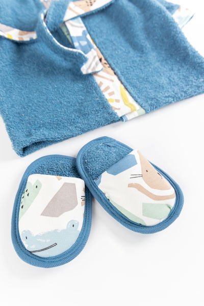 Safari Temalı 4 Parça Pamuklu Erkek Bebek Havlu Bornoz Seti LACİVERT - 0-18 Ay