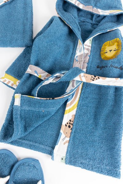 Safari Temalı 4 Parça Pamuklu Erkek Bebek Havlu Bornoz Seti LACİVERT - 0-18 Ay