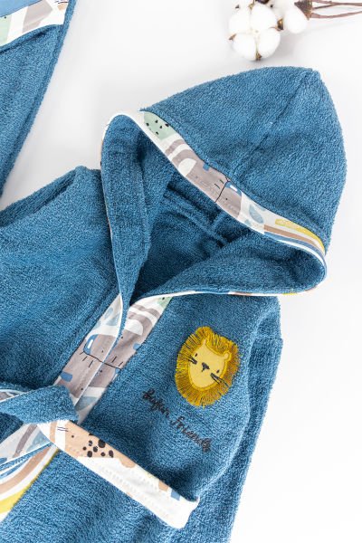 Safari Temalı 4 Parça Pamuklu Erkek Bebek Havlu Bornoz Seti LACİVERT - 0-18 Ay