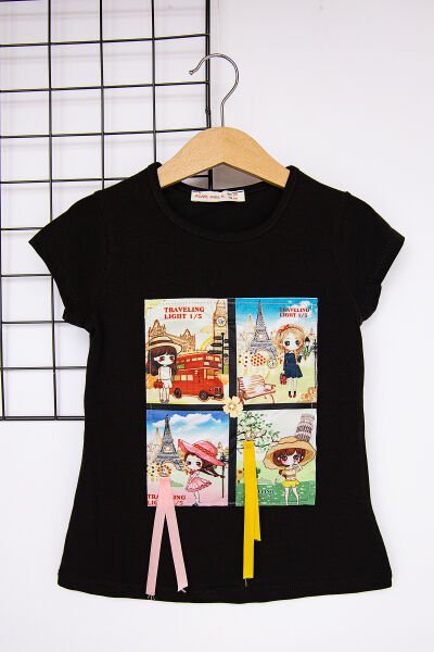 Kız Baskılı Siyah Kız Çocuk Body T-shirt