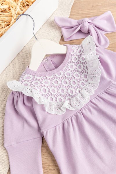 Güpürlü Bandanalı Kız Bebek Tulum Bebek Çıt Çıtlı Body LİLA - 9 Ay