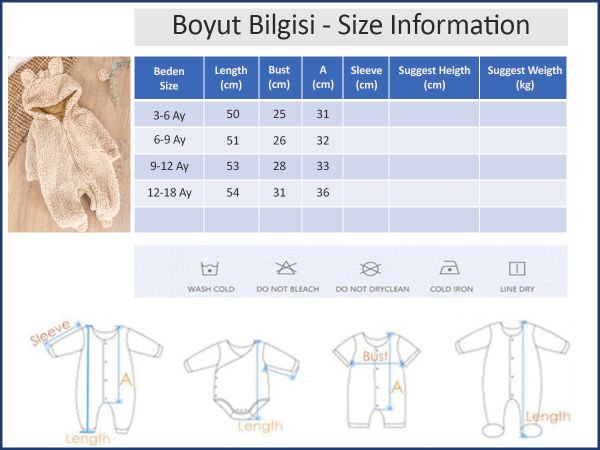 Fermuarlı Kuzu Welsoft Kapüşonlu Kışlık Bebek Tulum BEJ - 3-6 AY