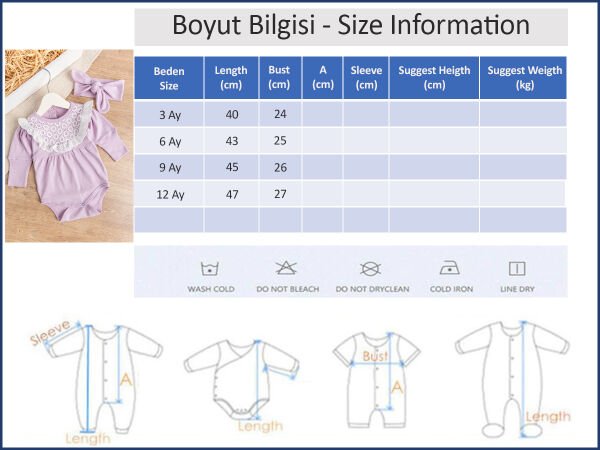 Güpürlü Bandanalı Kız Bebek Tulum Bebek Çıt Çıtlı Body LİLA -  12 Ay