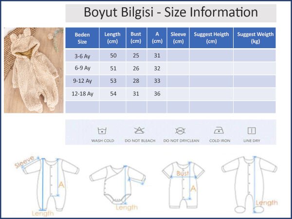 Fermuarlı Kuzu Welsoft Kapüşonlu Kışlık Bebek Tulum BEJ -  9-12 AY