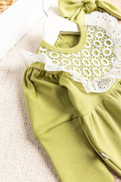 Güpürlü Bandanalı Kız Bebek Tulum Bebek Çıt Çıtlı Body YEŞİL - 6 Ay