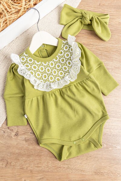 Güpürlü Bandanalı Kız Bebek Tulum Bebek Çıt Çıtlı Body YEŞİL - 9 Ay