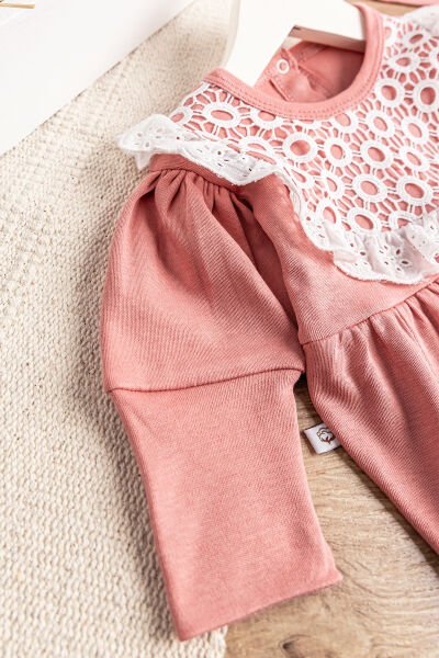 Güpürlü Bandanalı Kız Bebek Tulum Bebek Çıt Çıtlı Body Gül kurusu - 3 Ay