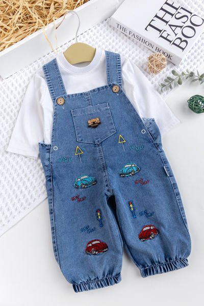 Erkek Bebek Arabalı 2'li Denim Şık Kot Salopet Tulum Takım MAVİ -  9-12 AY