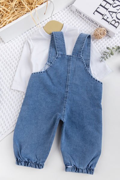 Erkek Bebek Arabalı 2'li Denim Şık Kot Salopet Tulum Takım MAVİ -  9-12 AY