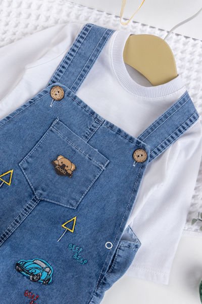 Erkek Bebek Arabalı 2'li Denim Şık Kot Salopet Tulum Takım MAVİ -  9-12 AY