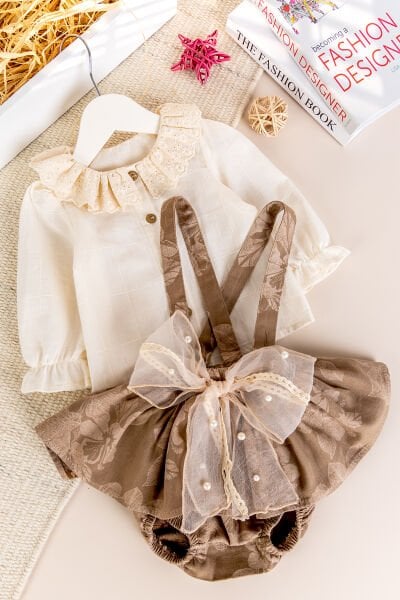 Fisto yakalı Kız Bebek Salopet Elbise Takım