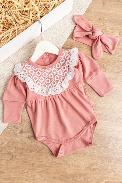 Güpürlü Bandanalı Kız Bebek Tulum Bebek Çıt Çıtlı Body Gül kurusu - 6 Ay