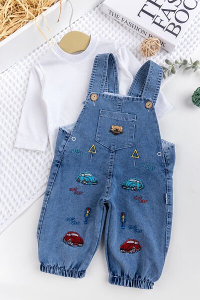 Erkek Bebek Arabalı 2'li Denim Şık Kot Salopet Tulum Takım MAVİ -  6-9 AY
