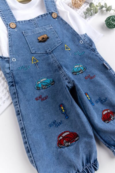 Erkek Bebek Arabalı 2'li Denim Şık Kot Salopet Tulum Takım MAVİ -  6-9 AY