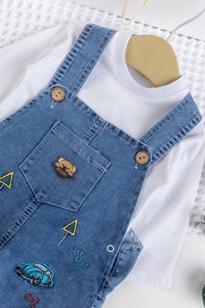 Erkek Bebek Arabalı 2'li Denim Şık Kot Salopet Tulum Takım MAVİ -  6-9 AY