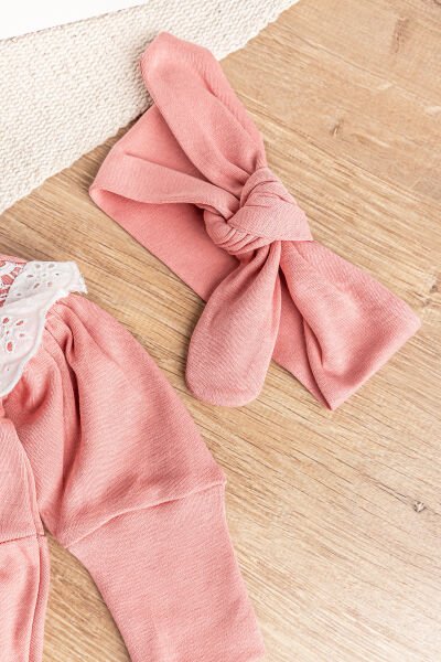 Güpürlü Bandanalı Kız Bebek Tulum Bebek Çıt Çıtlı Body Gül kurusu - 9 Ay