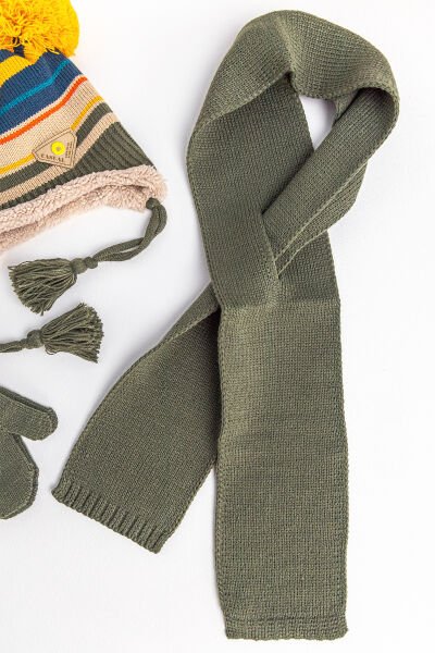Ponpon Şapkalı 1-4 Yaş Erkek Çocuk Üçlü Atkı Bere Eldiven Takımı HAKİ - 1-4 Yaş