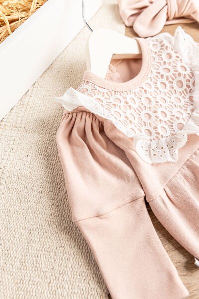 Güpürlü Bandanalı Kız Bebek Tulum Bebek Çıt Çıtlı Body SOMON - 3 Ay