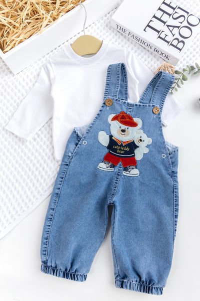 Erkek Bebek Ayıcık Nakışlı  2'li Denim Şık Kot Salopet Tulum Takım MAVİ -  6-9 AY