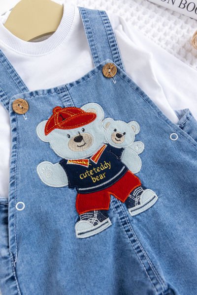 Erkek Bebek Ayıcık Nakışlı  2'li Denim Şık Kot Salopet Tulum Takım MAVİ -  6-9 AY
