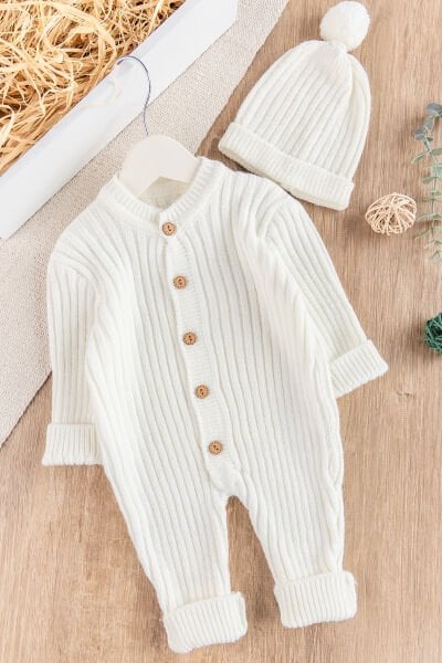 Triko Kışlık Bereli Kız/Erkek Bebek Tulum Krem