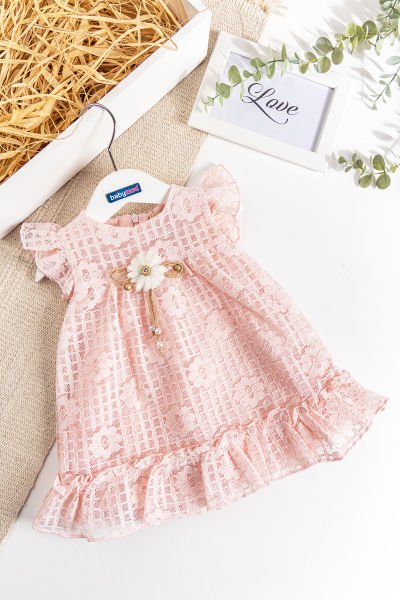 Çiçek Desenli Güpürlü Yazlık Kız Bebek Elbise PEMBE - 3-6 AY
