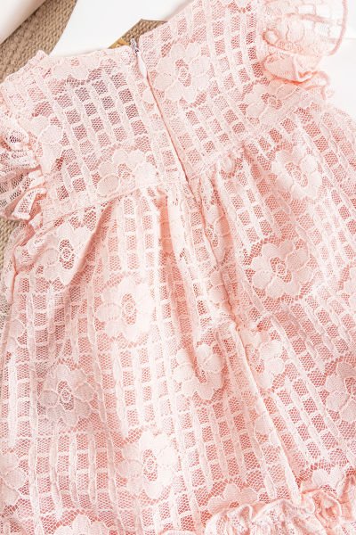 Çiçek Desenli Güpürlü Yazlık Kız Bebek Elbise PEMBE - 3-6 AY