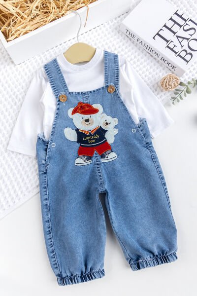 Erkek Bebek Ayıcık Nakışlı  2'li Denim Şık Kot Salopet Tulum Takım MAVİ -  9-12 AY