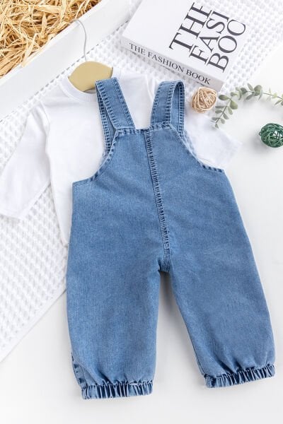 Erkek Bebek Ayıcık Nakışlı  2'li Denim Şık Kot Salopet Tulum Takım MAVİ -  9-12 AY