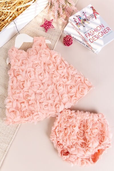 Gül İşlemeli Kız Bebek Elbise Özel Gün Elbisesi