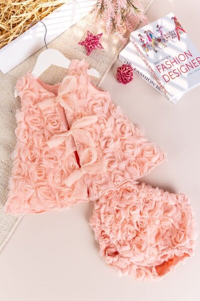 Gül İşlemeli Kız Bebek Elbise Özel Gün Elbisesi