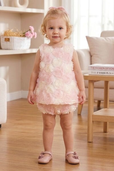 Gül İşlemeli Kız Bebek Elbise Özel Gün Elbisesi