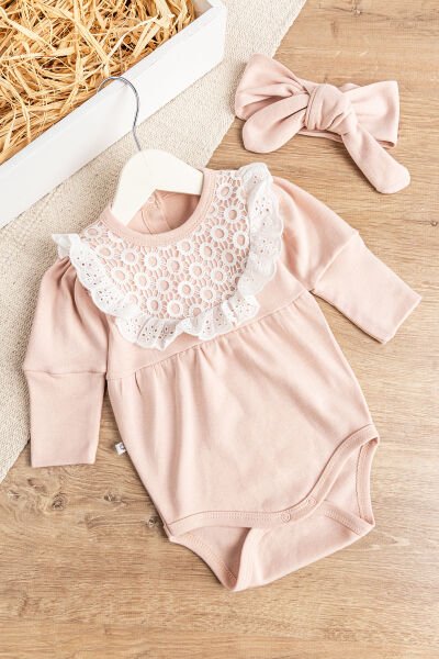 Güpürlü Bandanalı Kız Bebek Tulum Bebek Çıt Çıtlı Body SOMON - 9 Ay