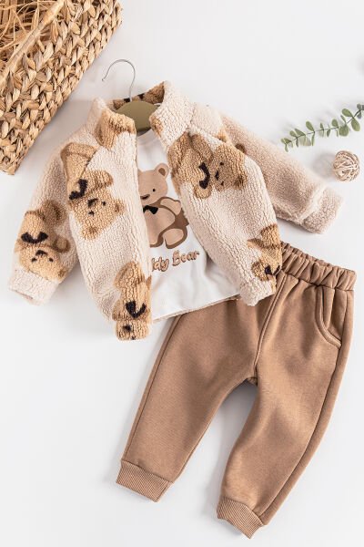 Ayıcık Figürlü Teddy Hırkalı 3'lü Erkek Bebek Takım