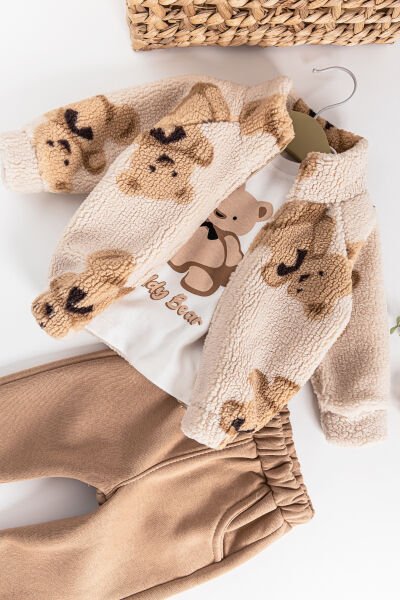 Ayıcık Figürlü Teddy Hırkalı 3'lü Erkek Bebek Takım