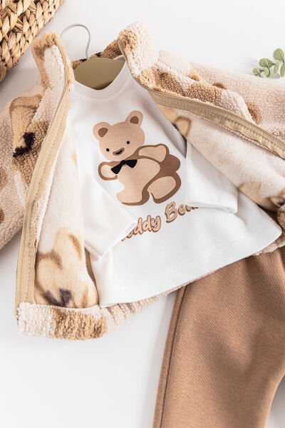 Ayıcık Figürlü Teddy Hırkalı 3'lü Erkek Bebek Takım