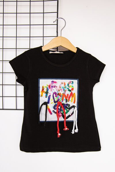 Boncuk İşlemeli Siyah Kız Çocuk Body T-shirt