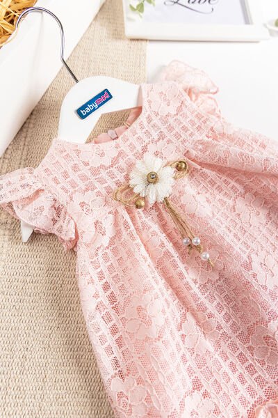 Çiçek Desenli Güpürlü Yazlık Kız Bebek Elbise PEMBE -  6-9 AY